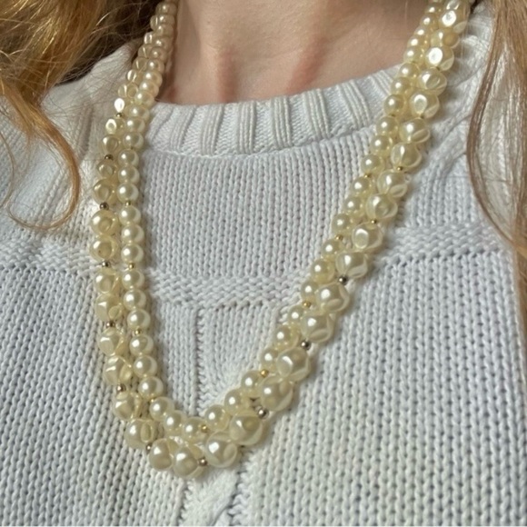 Baroque Pearl Two Strand Necklace Vintage “Tamar”  25” Statement Gold Silver - Picture 11 of 12
